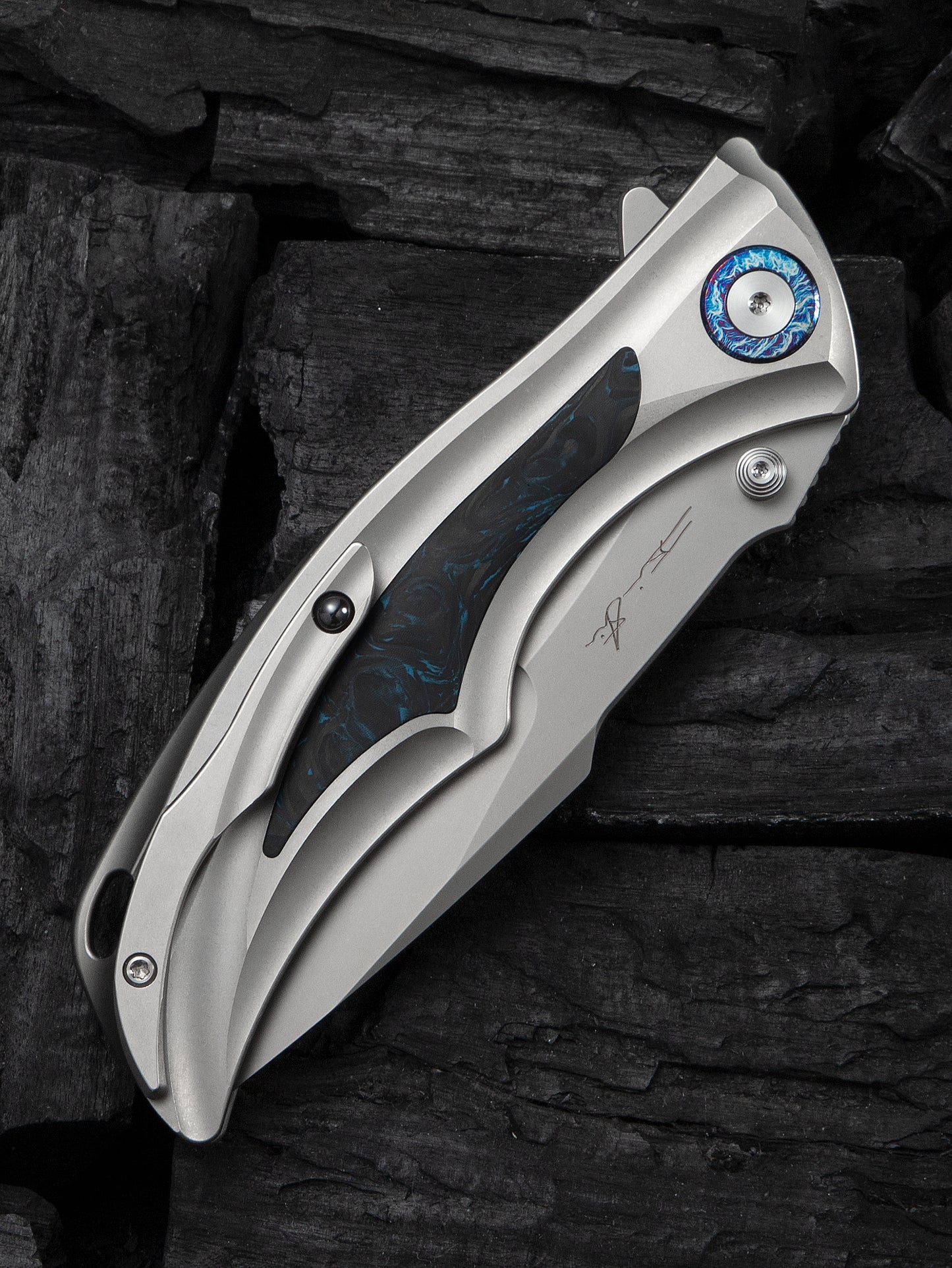 WE Tighe Down 4" Bohler M390 Titanium Black/Blue Carbon Fiber Folding Knife WE24054-1