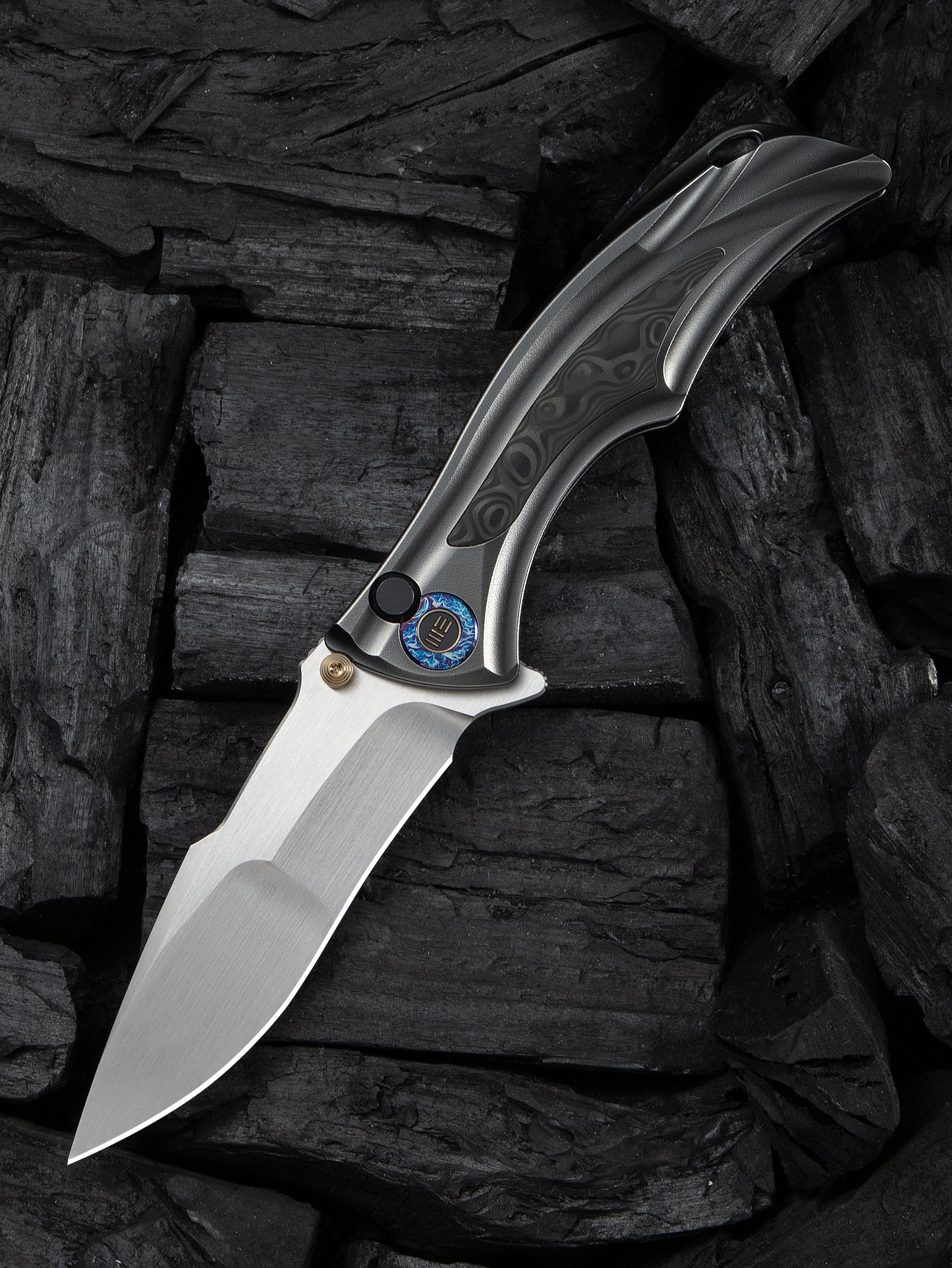 WE Tighe Down 4" Bohler M390 Gray Orange Peel Titanium Rose Carbon Fiber Folding Knife WE24054-2