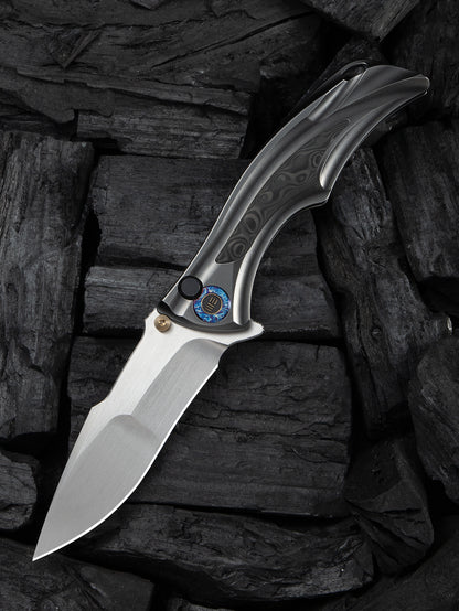 WE Tighe Down 4" Bohler M390 Gray Orange Peel Titanium Rose Carbon Fiber Folding Knife WE24054-2