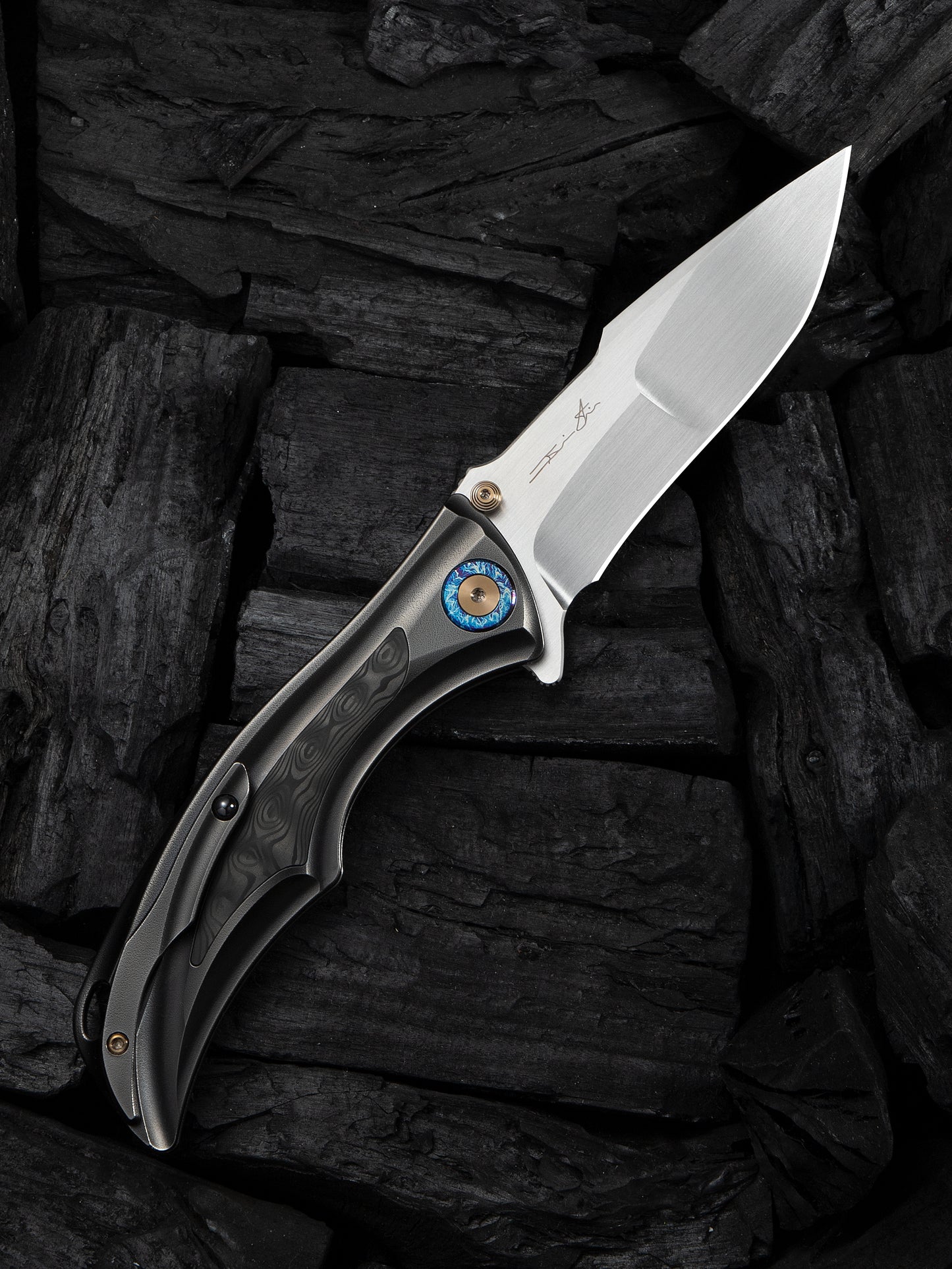 WE Tighe Down 4" Bohler M390 Gray Orange Peel Titanium Rose Carbon Fiber Folding Knife WE24054-2