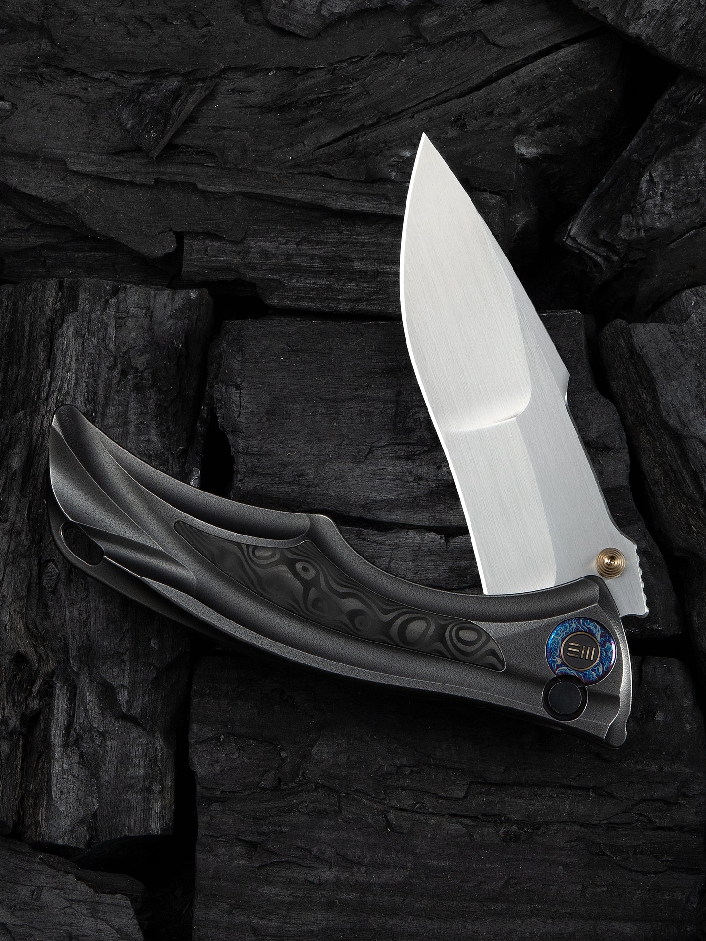 WE Tighe Down 4" Bohler M390 Gray Orange Peel Titanium Rose Carbon Fiber Folding Knife WE24054-2