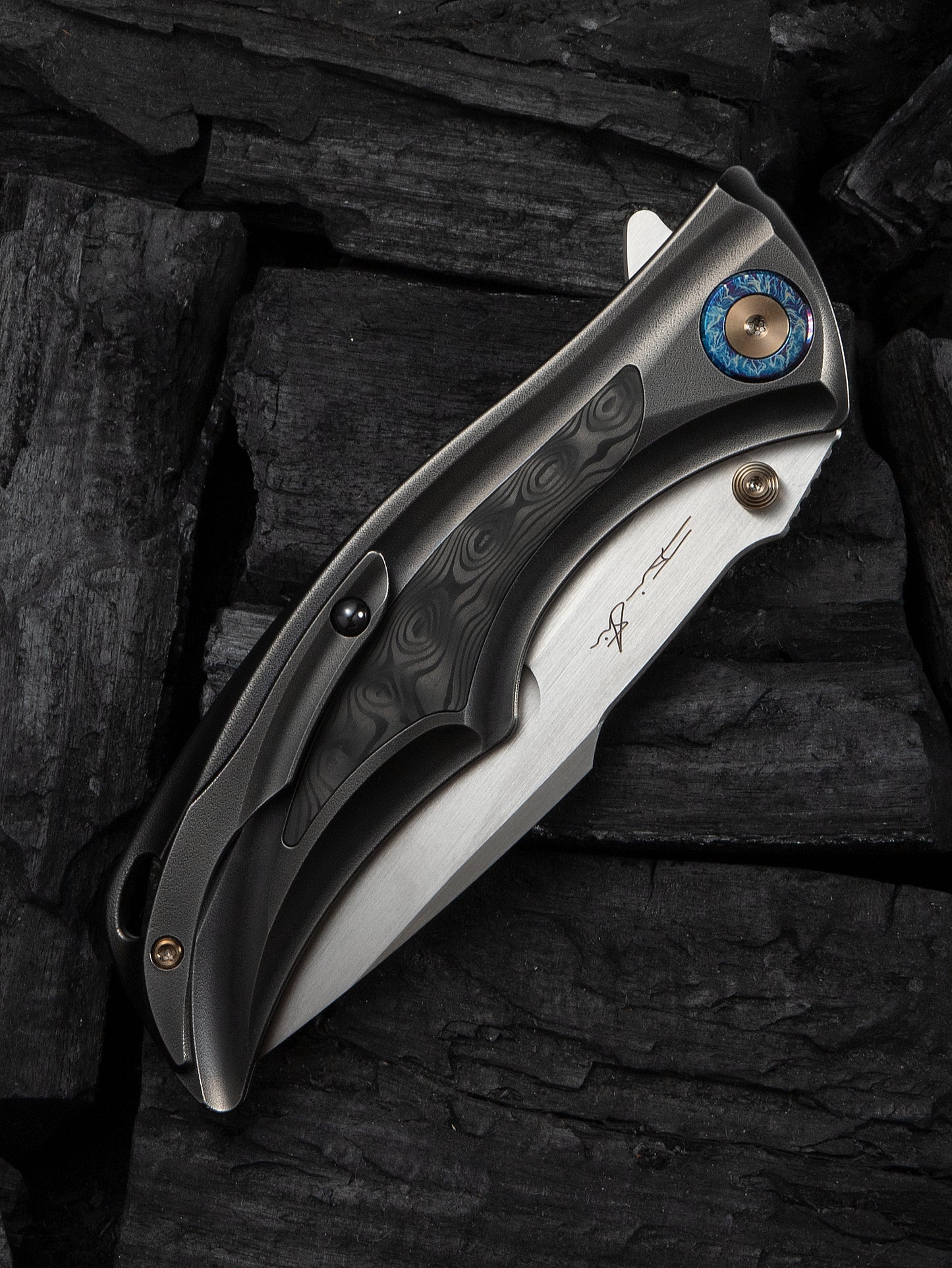 WE Tighe Down 4" Bohler M390 Gray Orange Peel Titanium Rose Carbon Fiber Folding Knife WE24054-2