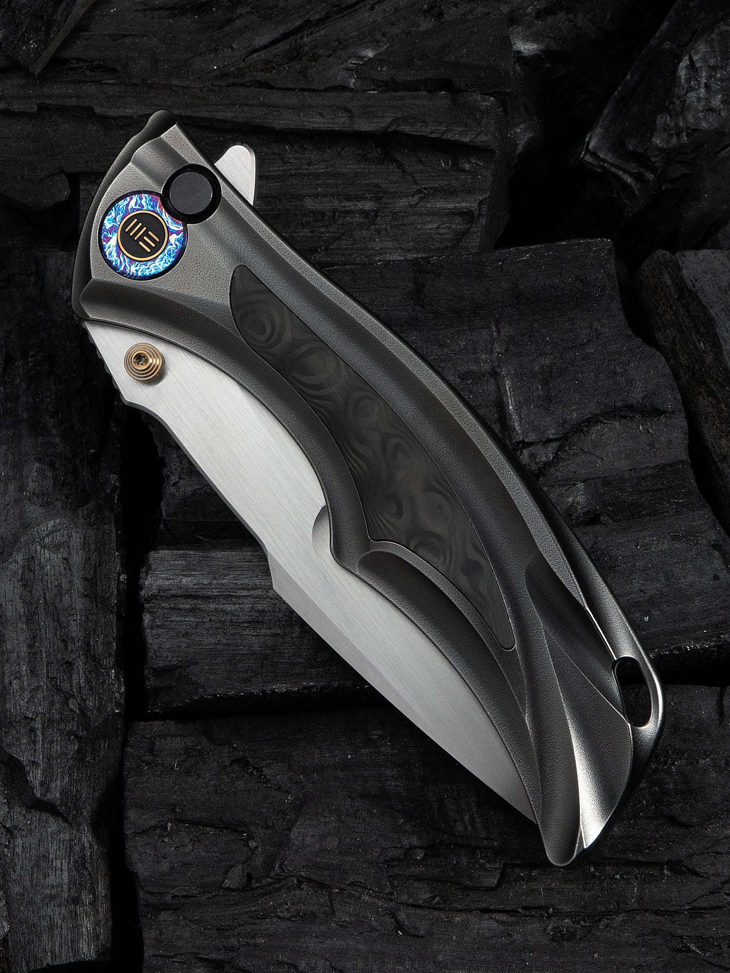 WE Tighe Down 4" Bohler M390 Gray Orange Peel Titanium Rose Carbon Fiber Folding Knife WE24054-2