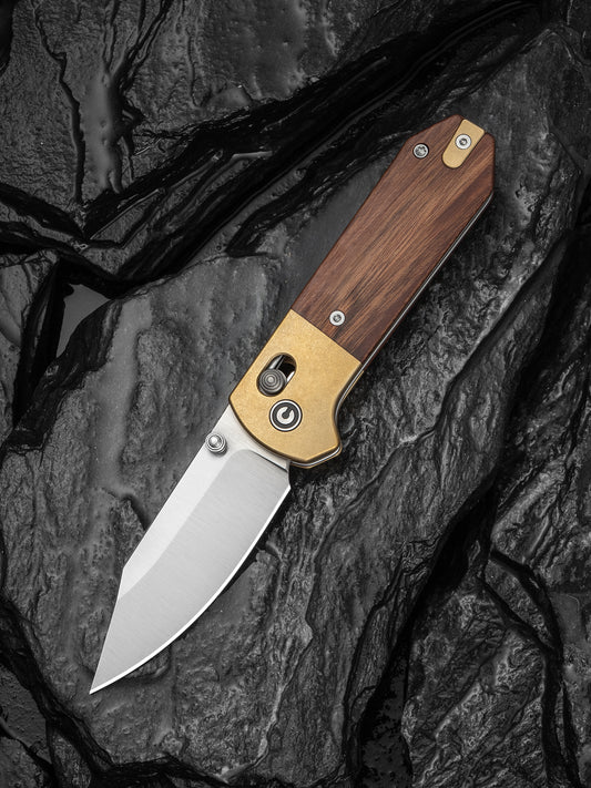 Civivi Yonder Clip Point 2.88" Sandvik 14C28N Guibourtia Wood Brass Crossbar Lock Folding Knife C25026-1