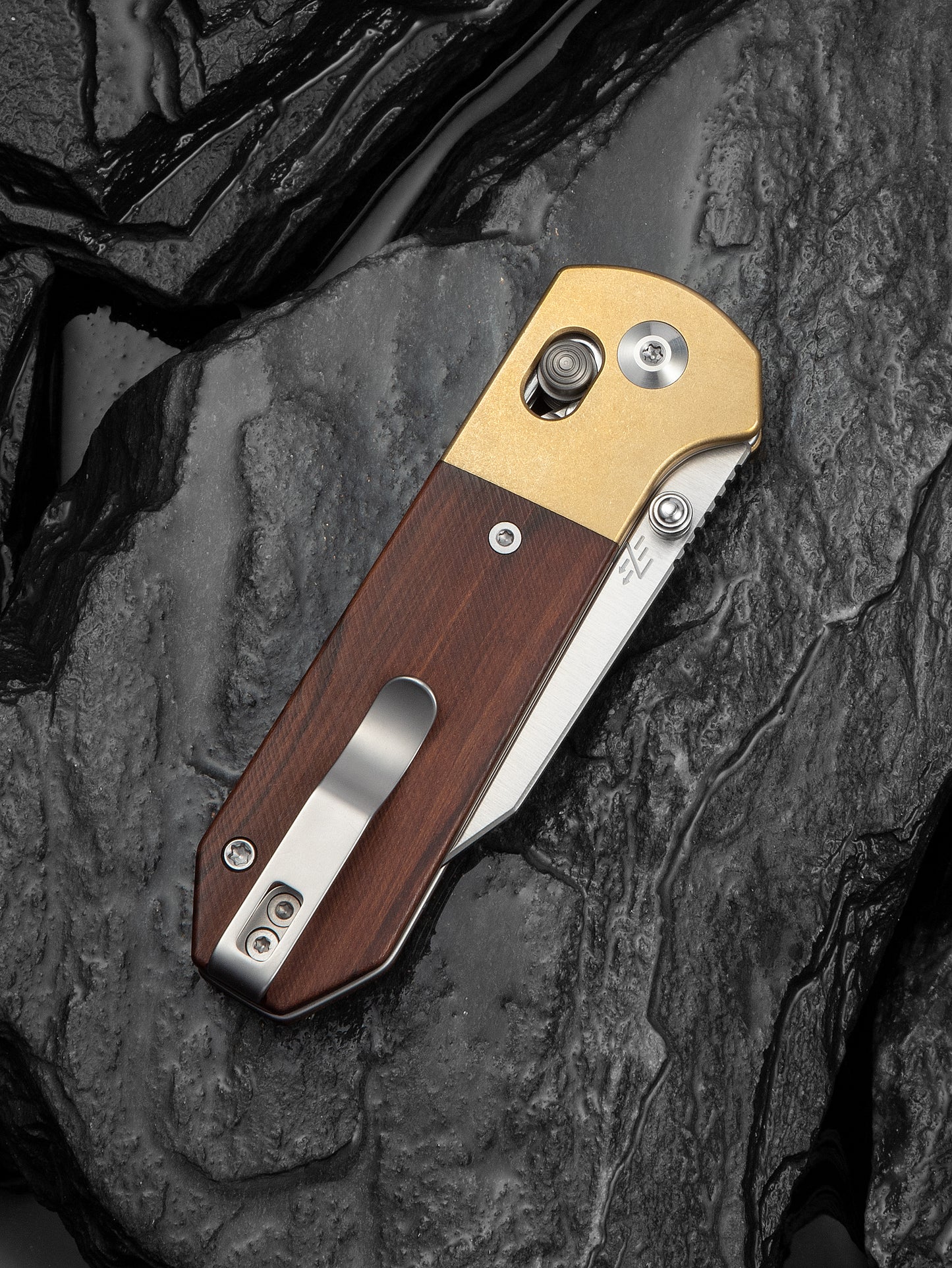 Civivi Yonder Clip Point 2.88" Sandvik 14C28N Guibourtia Wood Brass Crossbar Lock Folding Knife C25026-1