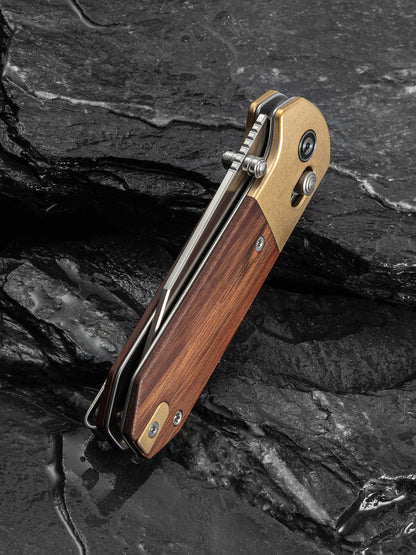 Civivi Yonder Clip Point 2.88" Sandvik 14C28N Guibourtia Wood Brass Crossbar Lock Folding Knife C25026-1