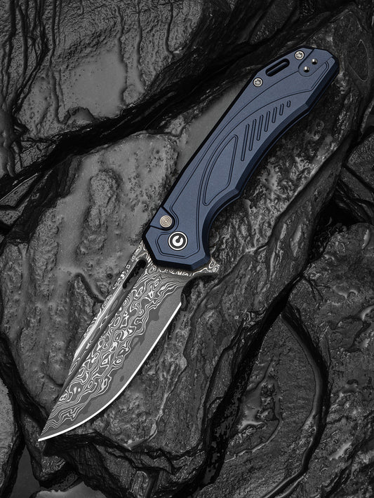 Civivi Zelthara 3.3" Damascus Dark Blue Aluminium Button-Lock Folding Knife C25076-DS1