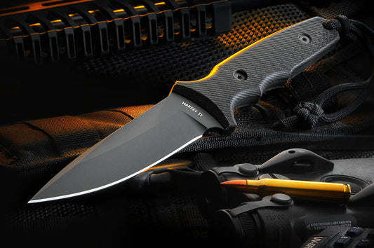 Spartan Blades Harsey TT Tactical Trout 4.5" CPM S45VN Elite DLC Black Fixed Blade Knife with Black MOLLE Sheath