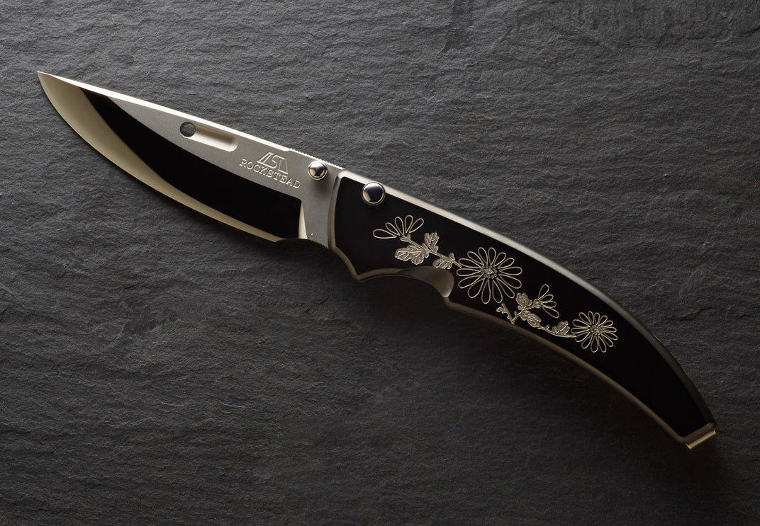 Rockstead SHU CB-ZDP KIKU 3.2" Polished ZDP189 Folding Knife with Engraved DLC Titanium Handle