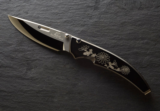 Rockstead SHU CB-ZDP KIKU 3.2" Polished ZDP189 Folding Knife with Engraved DLC Titanium Handle