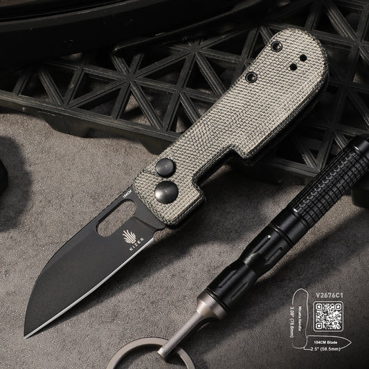 Kizer Banish 2.3" 154CM Black Micarta Button-Lock Folding Knife by Jacob Lundquist V2676C1