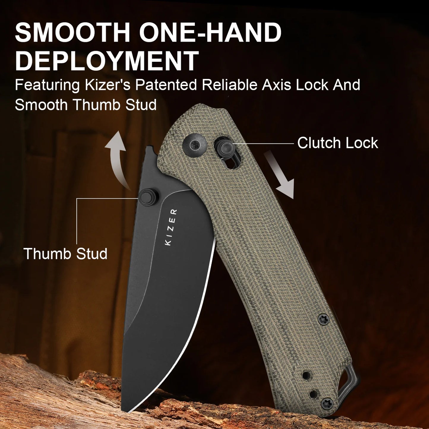 Kizer T1 CD 3.2" Nitro-V Olive Green Norplex UltreX Micarta Black Stonewash Clutch-Lock Folding Knife by Uli Hennicke V3490.2CA1