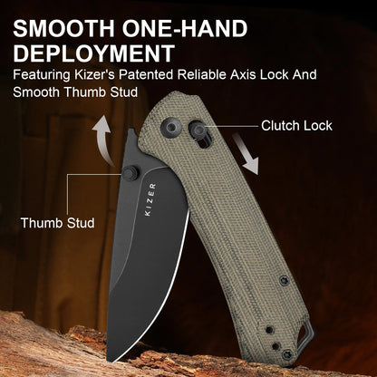 Kizer T1 CD 3.2" Nitro-V Olive Green Norplex UltreX Micarta Black Stonewash Clutch-Lock Folding Knife by Uli Hennicke V3490.2CA1