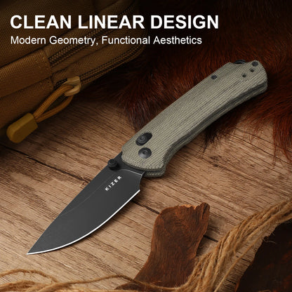 Kizer T1 CD 3.2" Nitro-V Olive Green Norplex UltreX Micarta Black Stonewash Clutch-Lock Folding Knife by Uli Hennicke V3490.2CA1