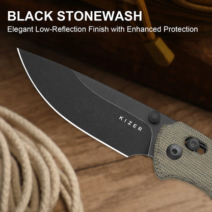 Kizer T1 CD 3.2" Nitro-V Olive Green Norplex UltreX Micarta Black Stonewash Clutch-Lock Folding Knife by Uli Hennicke V3490.2CA1