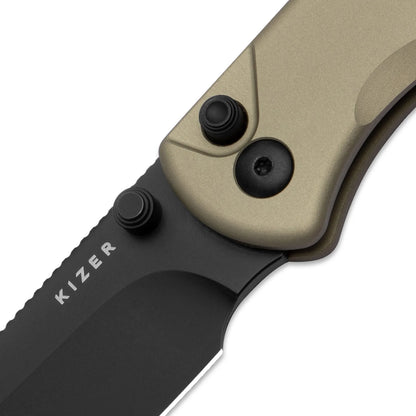 Kizer Drop Bear 2 Button-Lock 2.96" Nitro-V Matte DLC Tan Aluminium Folding Knife V3619.2CD1