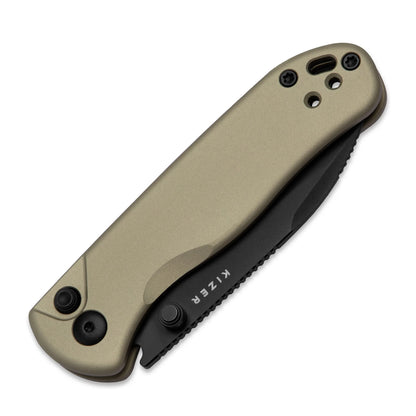 Kizer Drop Bear 2 Button-Lock 2.96" Nitro-V Matte DLC Tan Aluminium Folding Knife V3619.2CD1