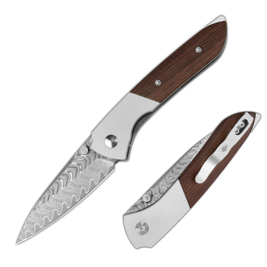 Kizer Spitfire 3.27" Shanxi Damascus Mkuruti Wood Folding Knife V3690A3
