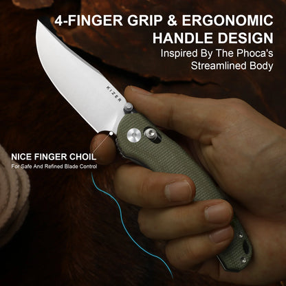 Kizer Phoca 2.9" AEB-L Green Micarta Clutch-Lock Folding Knife V3780A1