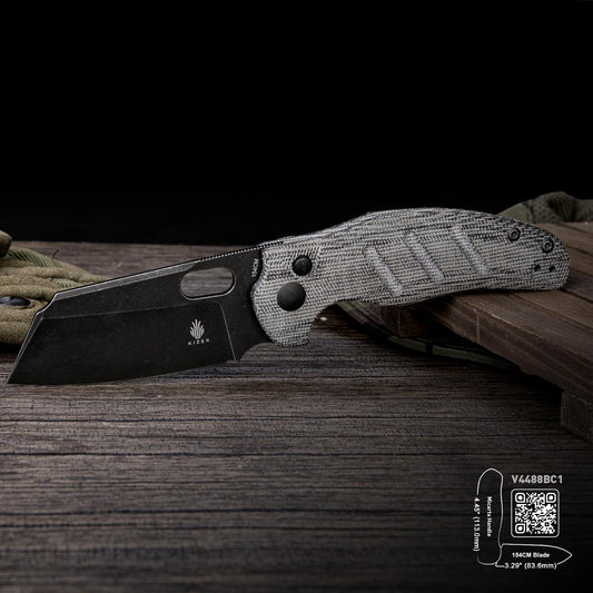 Kizer Sheepdog C01C 3.29" Black Stonewash 154CM Button-Lock Micarta Folding Knife V4488BC1