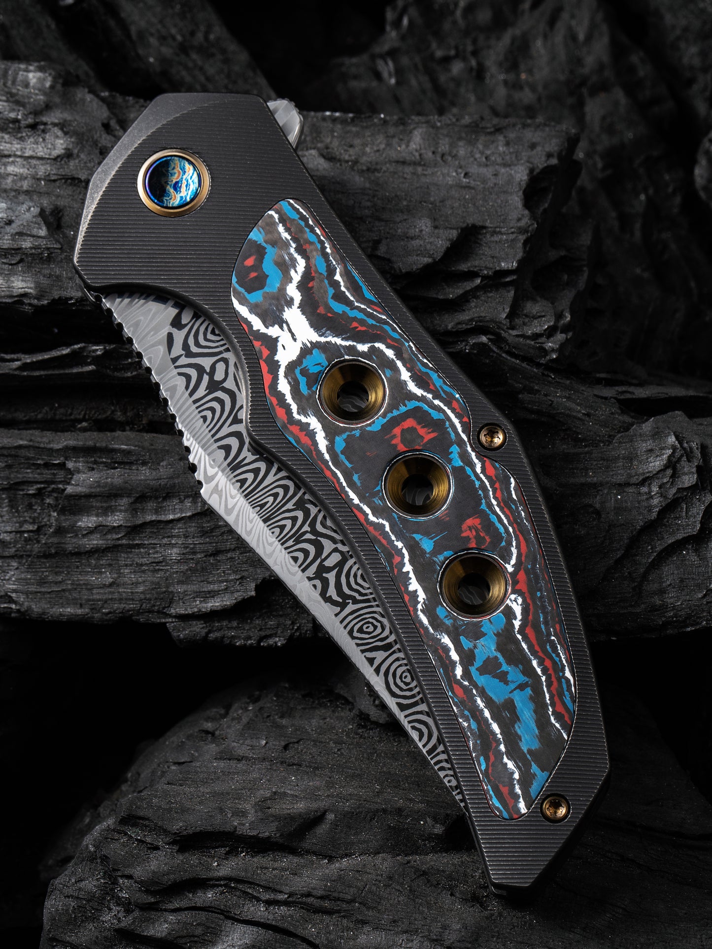 WE Magnetron 3.76" Heimskringla Damasteel Nebula Fat Carbon Fiber Titanium Folding Knife WE18058-DS1