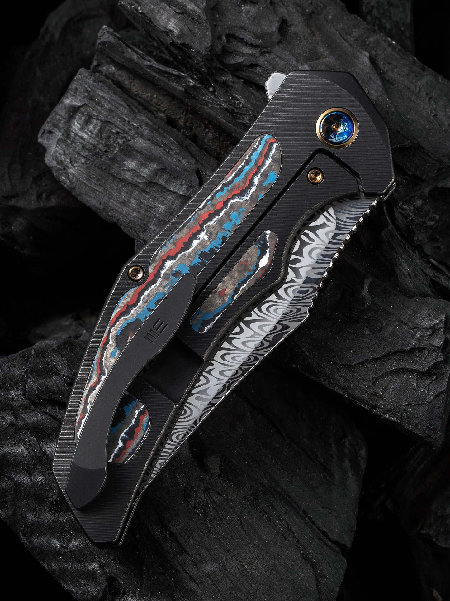 WE Magnetron 3.76" Heimskringla Damasteel Nebula Fat Carbon Fiber Titanium Folding Knife WE18058-DS1