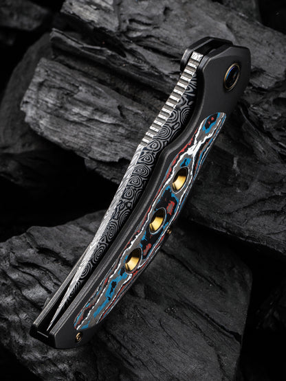 WE Magnetron 3.76" Heimskringla Damasteel Nebula Fat Carbon Fiber Titanium Folding Knife WE18058-DS1