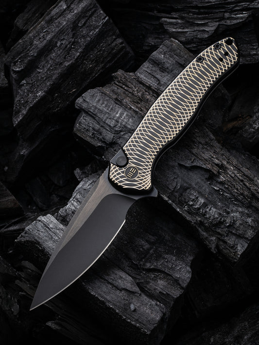 WE Kitefin Button Lock Limited Edition 3.22" CPM 20CV Golden Ripple Black Titanium Folding Knife WE19002M-1