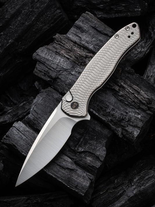 WE Kitefin Button Lock Limited Edition 3.22" CPM 20CV Ripple Gray Titanium Folding Knife WE19002M-2
