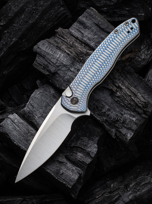 WE Kitefin Button Lock Limited Edition 3.22" CPM 20CV Ripple Blue Titanium Folding Knife WE19002M-3