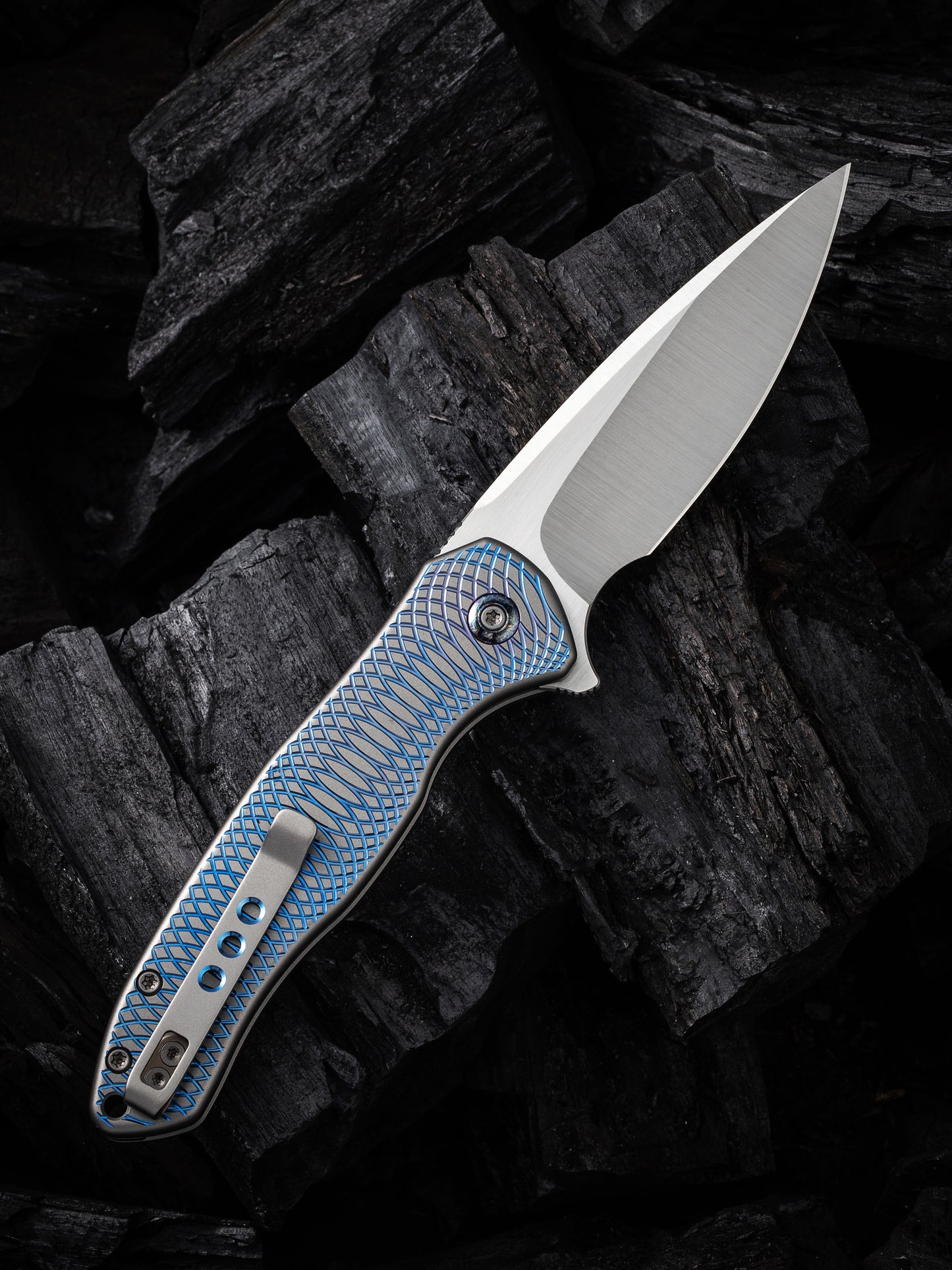 WE Kitefin Button Lock Limited Edition 3.22" CPM 20CV Ripple Blue Titanium Folding Knife WE19002M-3