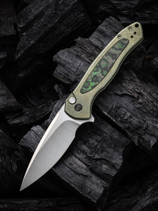 WE Kitefin Button Lock Limited Edition 3.22" CPM 20CV Jungle Wear Fat Carbon Fiber Green Titanium Folding Knife WE19002N-2