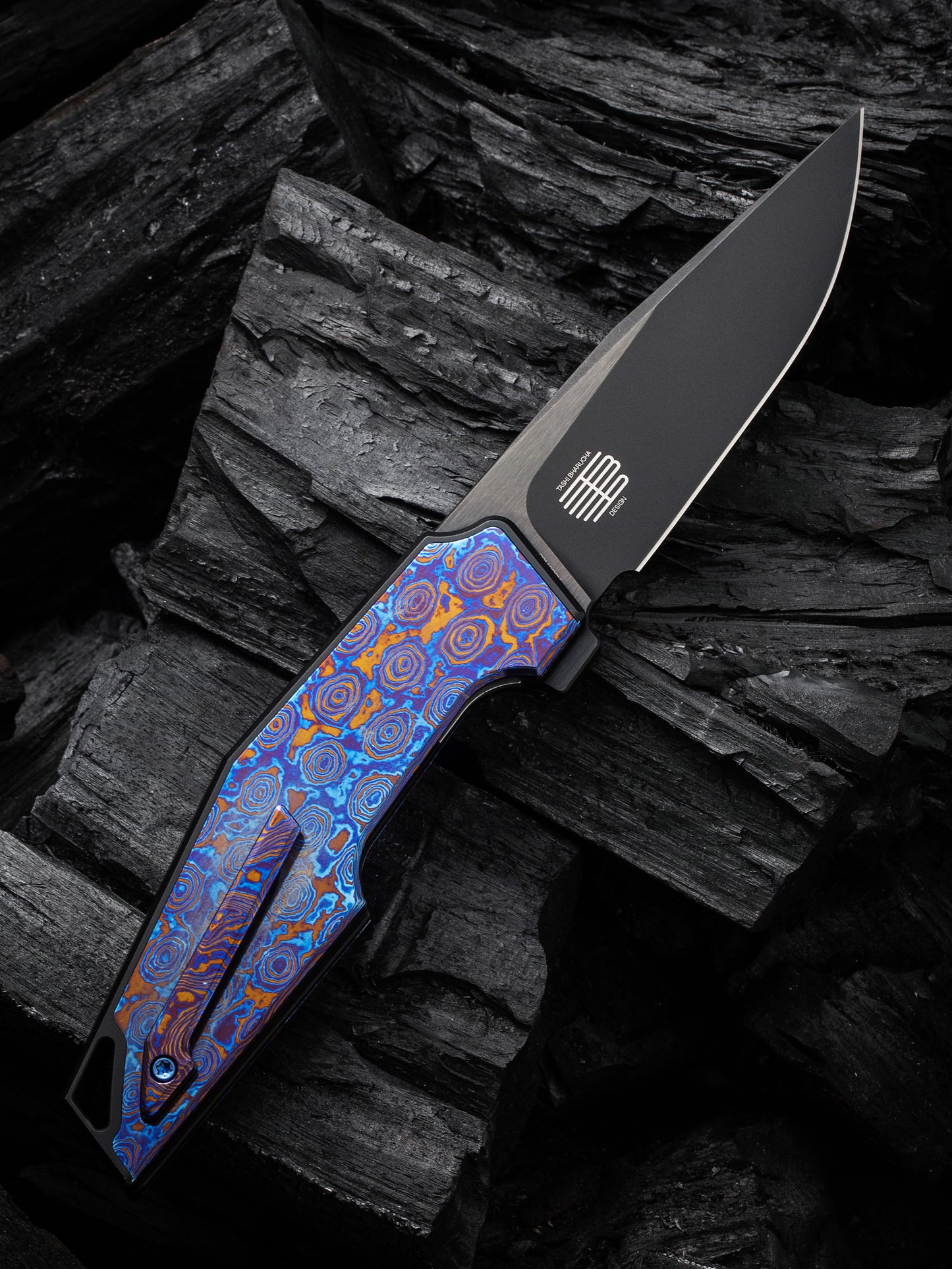WE OAO 3.4" CPM 20CV Black Timascus Titanium Folding Knife by Tashi Bharucha WE23001-4