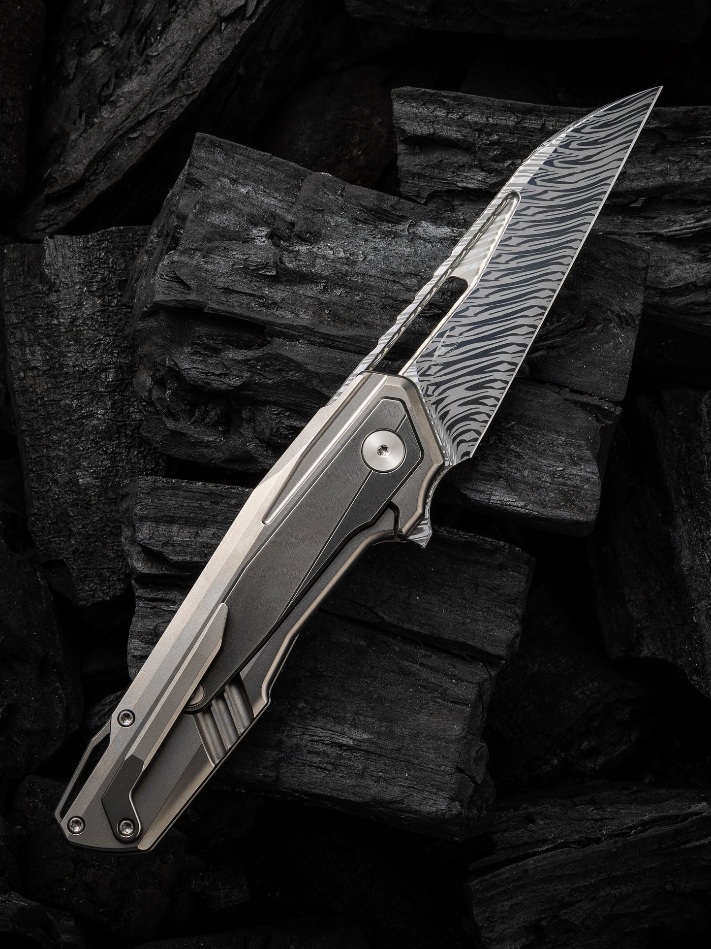 WE Falcaria 3.64" Fafnir Damasteel Polished Gray Titanium Folding Knife by Maciej Torbe WE23012B-DS1