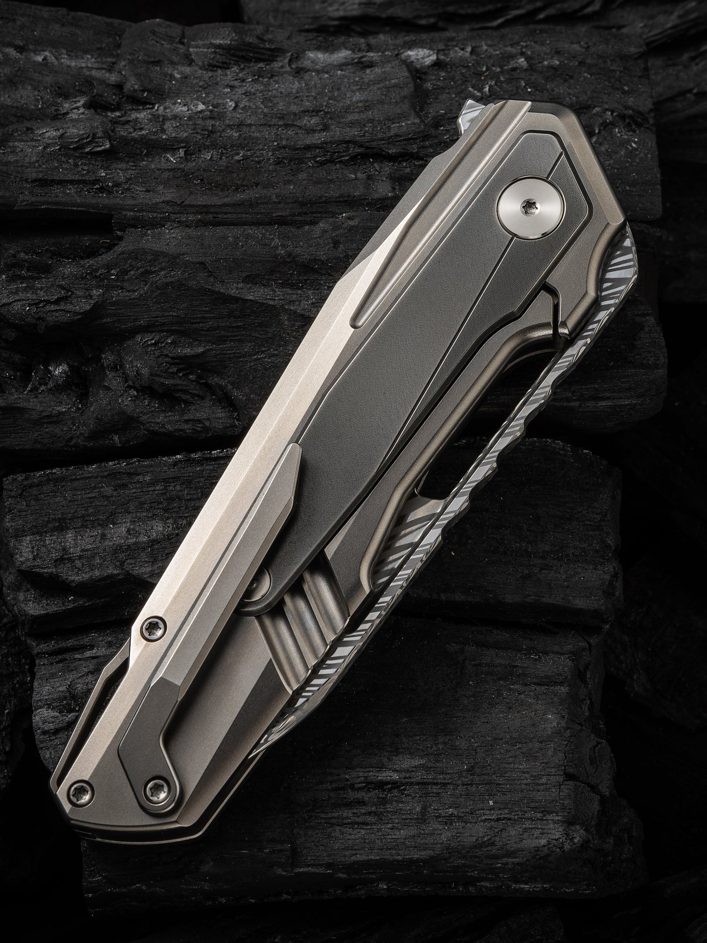 WE Falcaria 3.64" Fafnir Damasteel Polished Gray Titanium Folding Knife by Maciej Torbe WE23012B-DS1