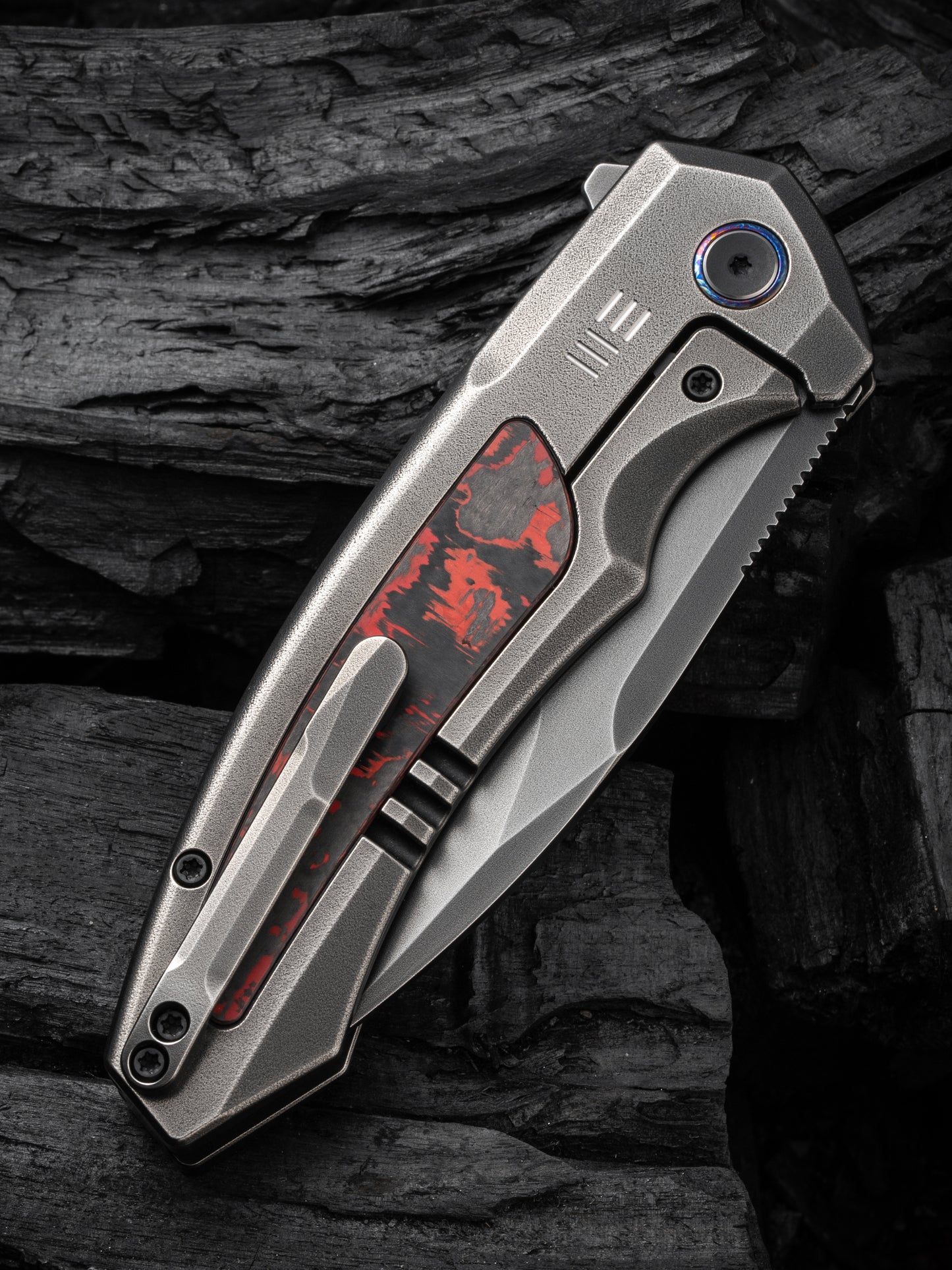 WE Hyperactive 3.8" Vanax Gray Orange Peel Lava Flow Carbon Fiber Titanium Folding Knife WE23030-2