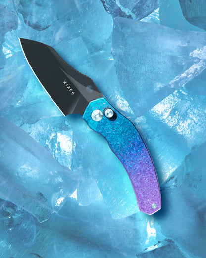 Kizer Mini Bulldog Clutch-Lock 2.51" S45VN DLC Purple/Blue Crystallised Titanium Folding Knife Ki3672SA1