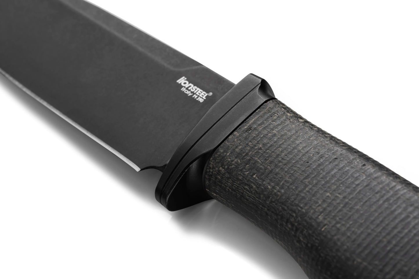 LionSteel Acha 4.21" M390 Black PVD Stonewashed Black Burlap Micarta Fixed Blade Knife AH B BLB