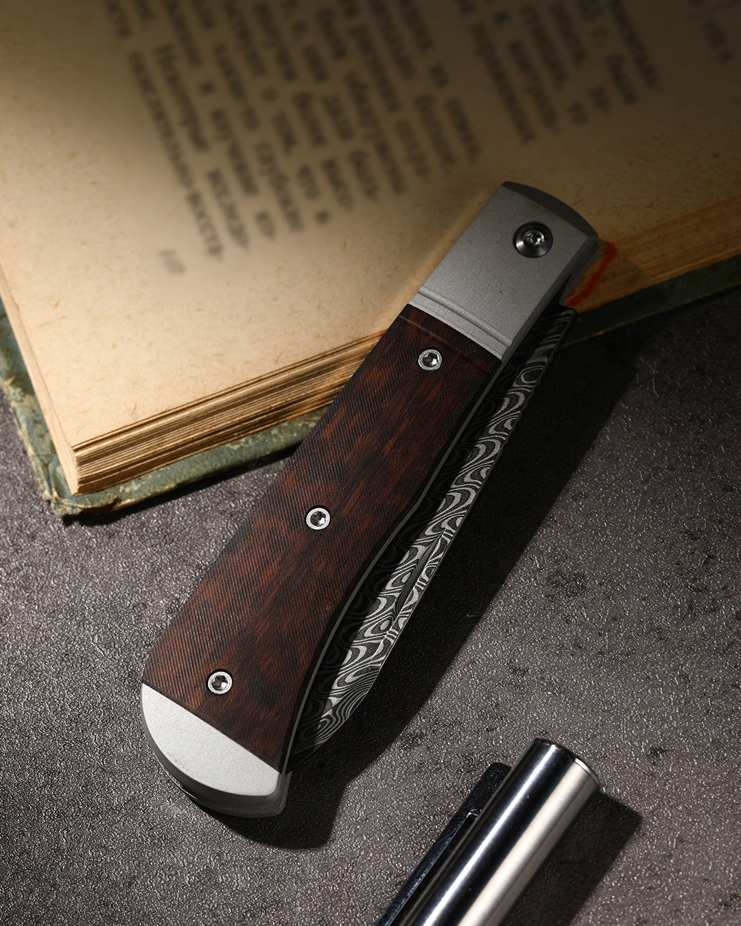 Kizer Trestle 2.95" Damascus Aluminium and Leopardwood Folding Knife V3760A3
