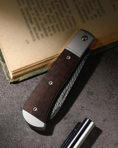 Kizer Trestle 2.95" Damascus Aluminium and Leopardwood Folding Knife V3760A3