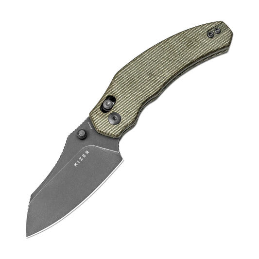 Kizer Bulldog Clutch-Lock 3" Nitro-V Gray Stonewashed Green Canvas Micarta Folding Knife V3672A3