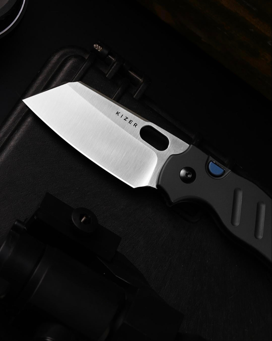 Kizer Sheepdog C01C 2.95" Elmax Black Aluminium Button-Lock Folding Knife Ki3488.29BSA1