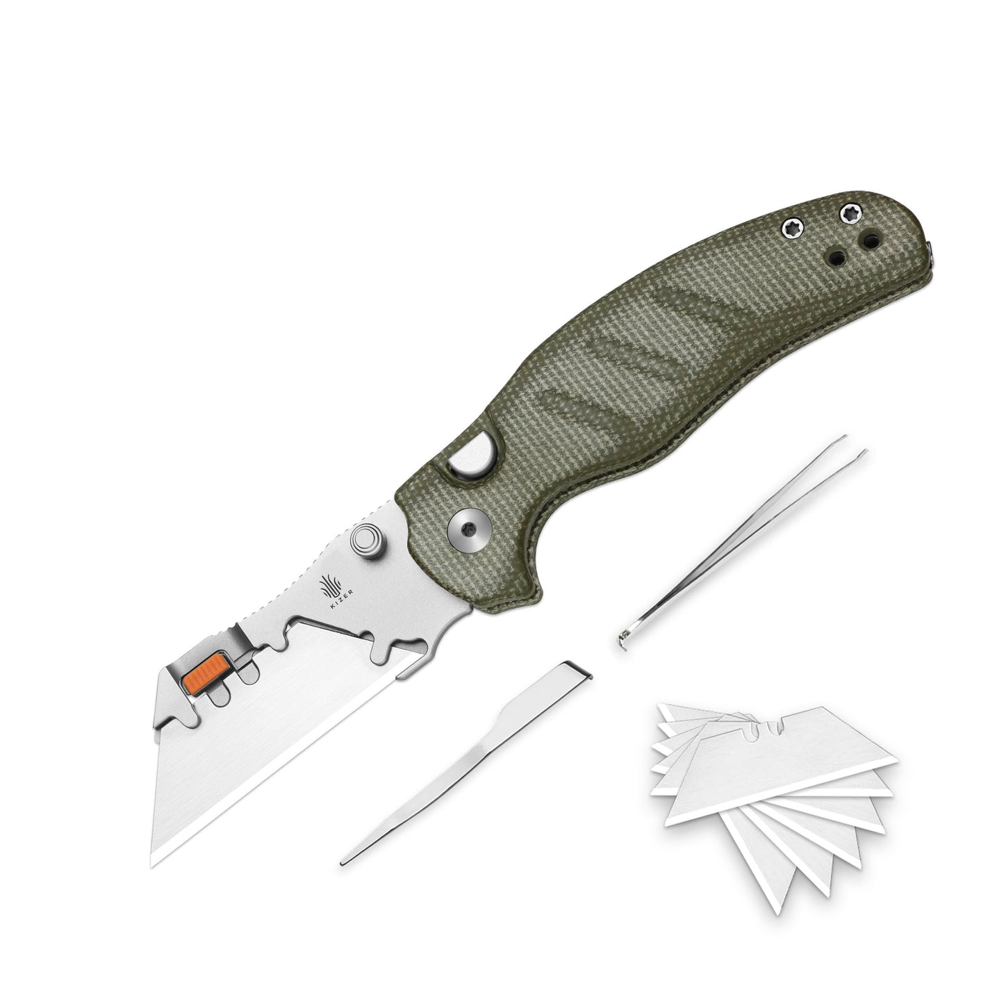 Kizer Sheepdog Utility 2.8" CO1C UTI 2 Green Micarta Button-Lock Replaceable-Blade Folding Knife V3488.29JNA1