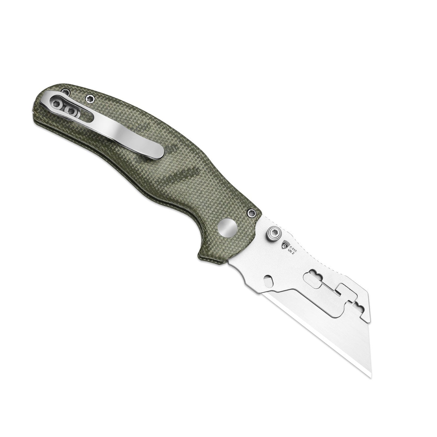 Kizer Sheepdog Utility 2.8" CO1C UTI 2 Green Micarta Button-Lock Replaceable-Blade Folding Knife V3488.29JNA1