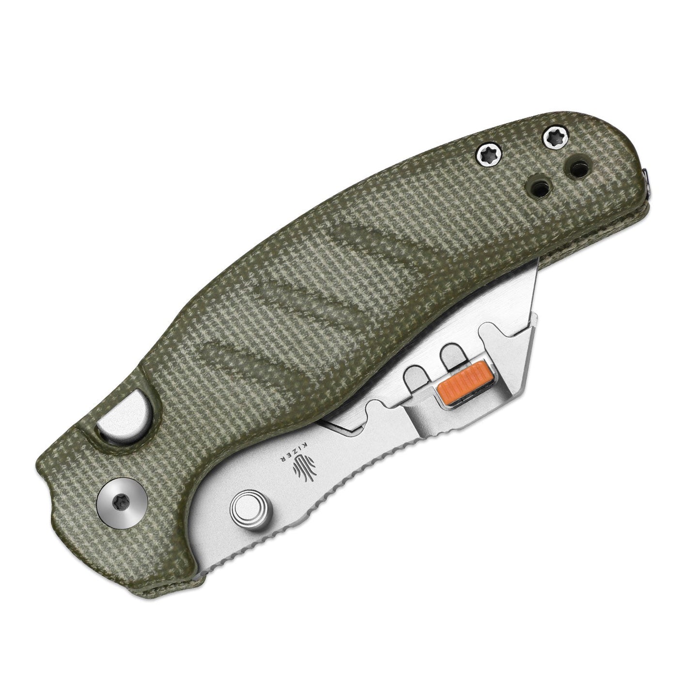 Kizer Sheepdog Utility 2.8" CO1C UTI 2 Green Micarta Button-Lock Replaceable-Blade Folding Knife V3488.29JNA1