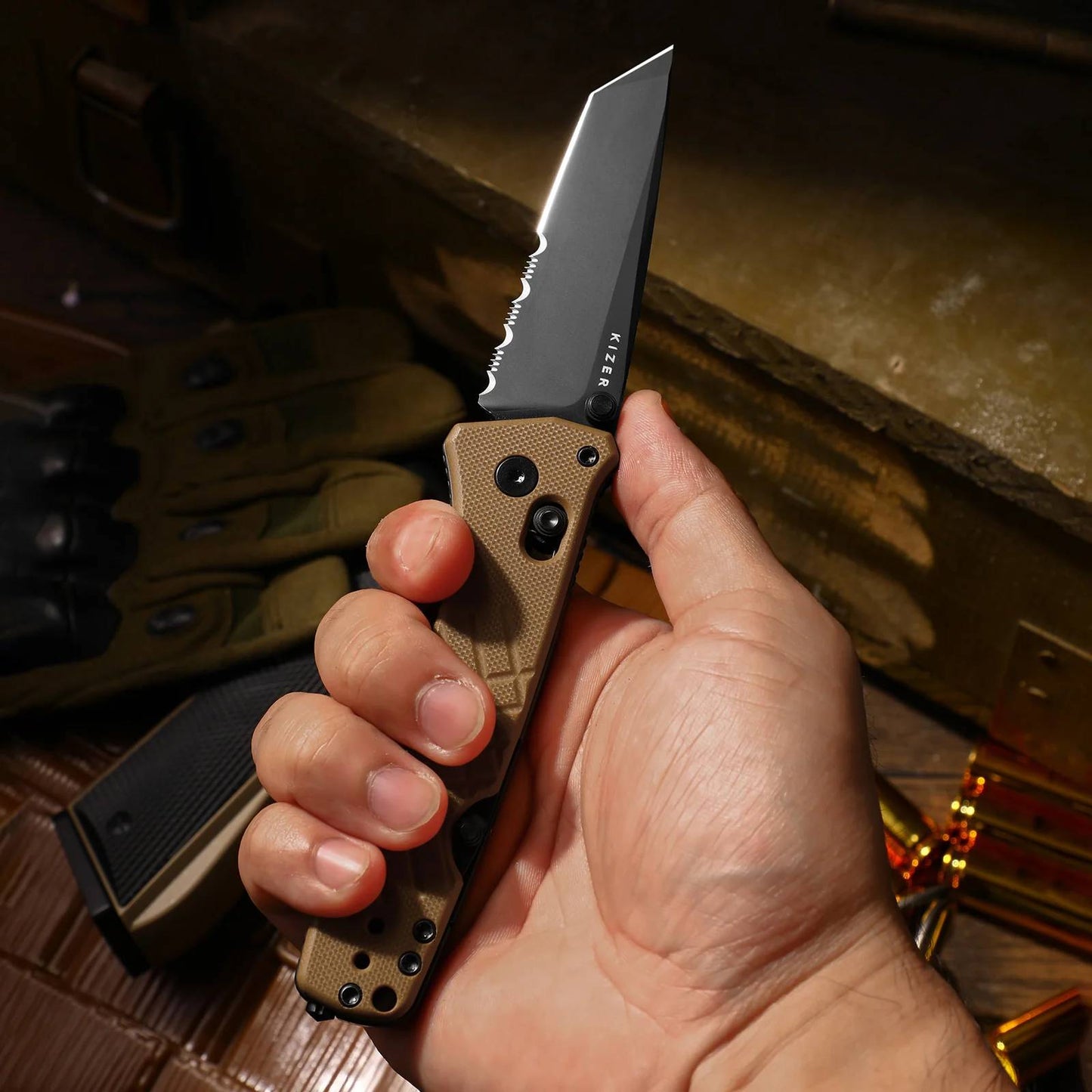 Kizer Aegis T 3.21" AEB-L Serrated Brown G10 Clutch-Lock Rescue Folding Knife V3774CTA3