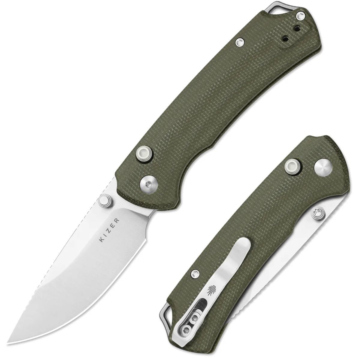 Kizer T1 BD 3.2" Nitro-V Green Micarta Button-Lock Folding Knife by Uli Hennicke V3490.2BA1