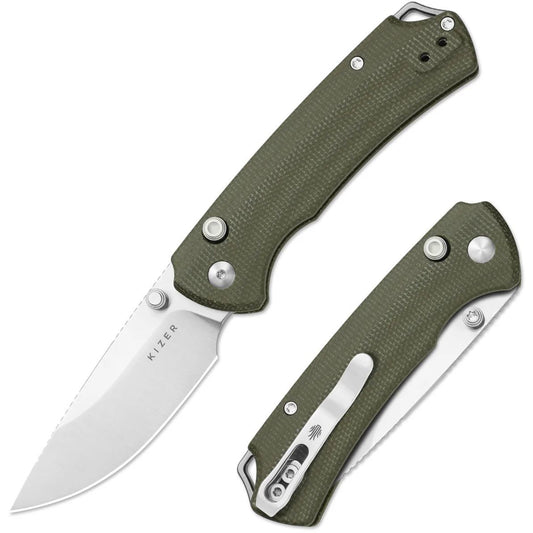 Kizer T1 BD 3.2" Nitro-V Green Micarta Button-Lock Folding Knife by Uli Hennicke V3490.2BA1