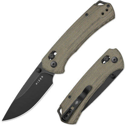 Kizer T1 CD 3.2" Nitro-V Olive Green Norplex UltreX Micarta Black Stonewash Clutch-Lock Folding Knife by Uli Hennicke V3490.2CA1