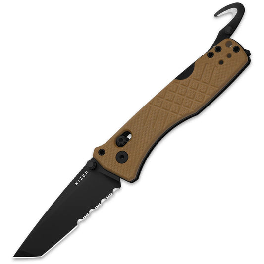 Kizer Aegis T 3.21" AEB-L Serrated Brown G10 Clutch-Lock Rescue Folding Knife V3774CTA3
